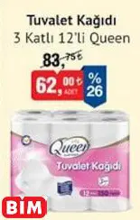 QUEEN TUVALET KAĞIDI 3 KATLI 12’Lİ QUEEN TUVALET KAĞIDI 3 KATLI 12’Lİ